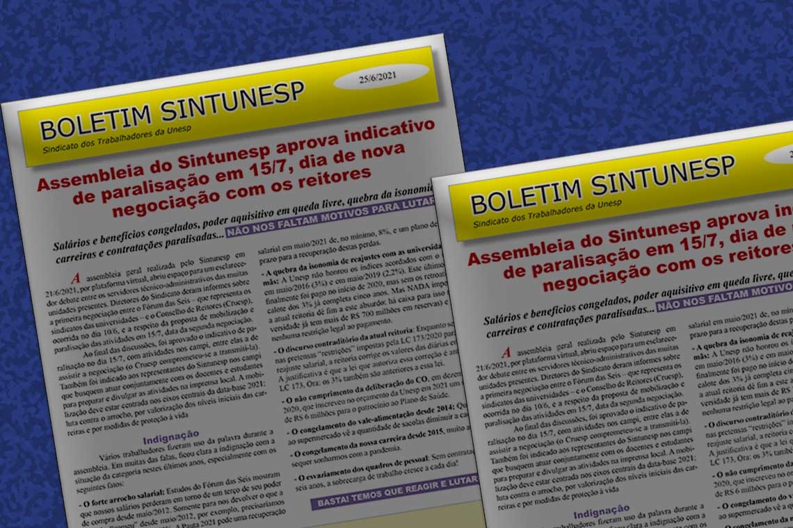 Assembleia do Sintunesp aprova indicativo de paralisação em 15/7, dia de nova negociação com os reitores