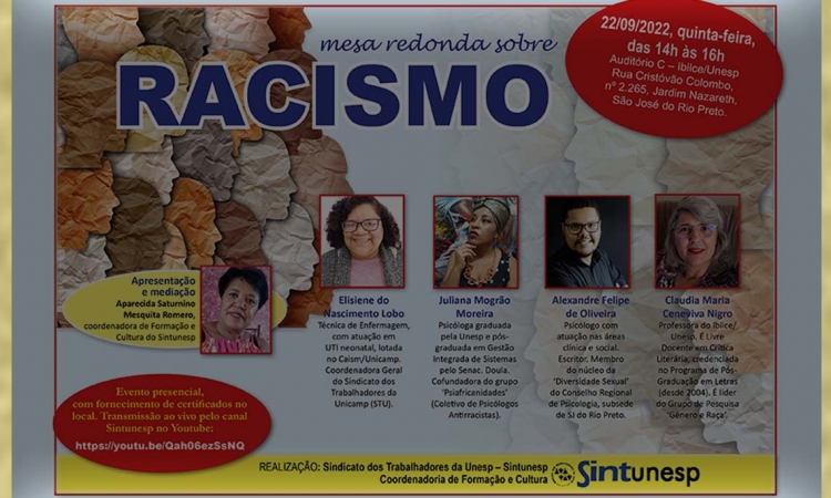 Sintunesp promove mesa redonda sobre RACISMO em 22/9. Evento será presencial, em Rio Preto, com transmissão ao vivo pelo Youtube