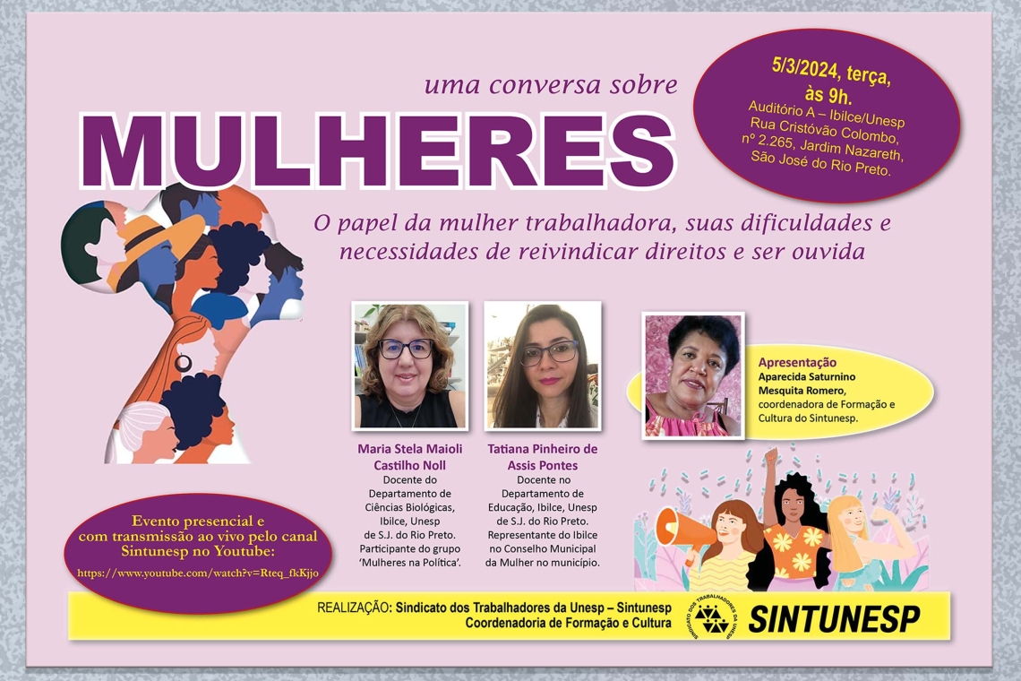 Dia Internacional da Mulher: Sintunesp celebra data de luta com palestra em Rio Preto, no dia 5/3. Atividade será presencial e com transmissão ao vivo
